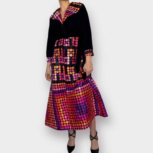 70s Black Pink Orange Polka Dot Dress - Picture 2 of 6